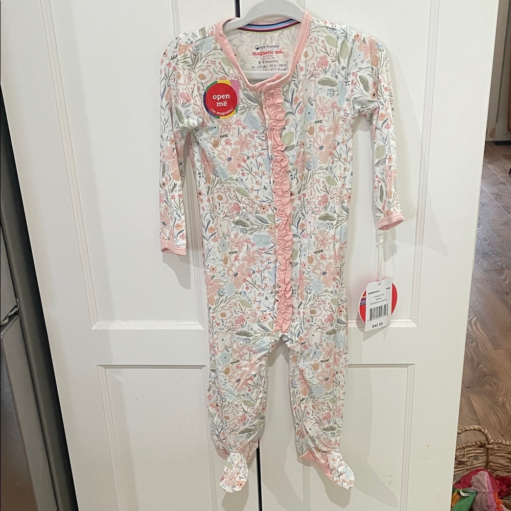 Magnetic Me Pink and White Floral Ruffle Footed One-Piece